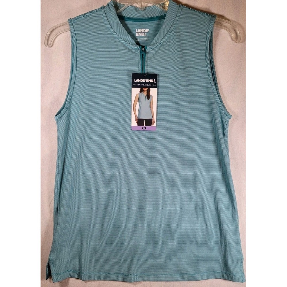 Lands End Womens Size XS Blue Micro Striped 1/4 Zip Sleeveless Polo Shirt NWT